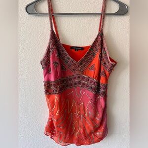 Boston Proper Pink & Orange Embellished Beaded Spaghetti Strap Top 100% silk